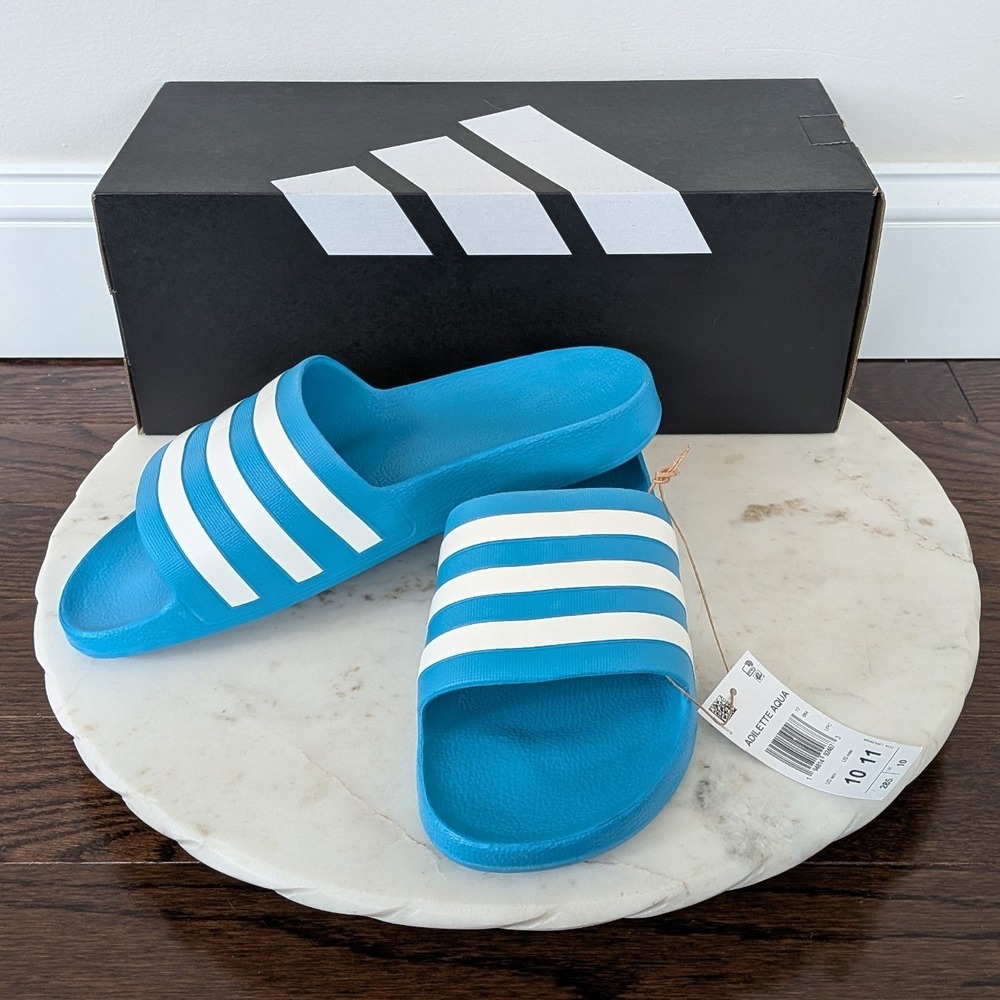 Adidas Adilette Aqua Slides Mens 10‎ Women's 11 Blue White Striped Sandals NIB